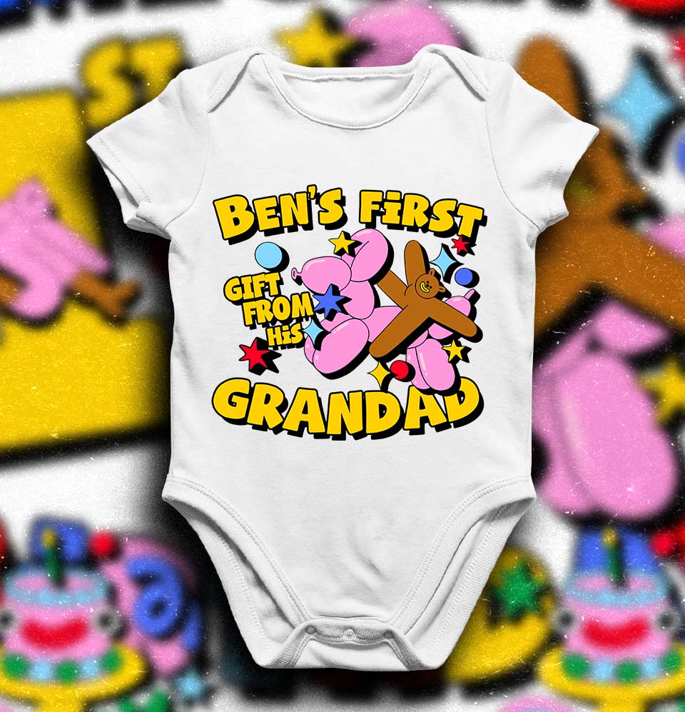 a baby bodysuit that says ben's first from the grandad